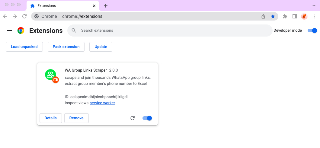 WA Group Links Scraper chrome extension install done